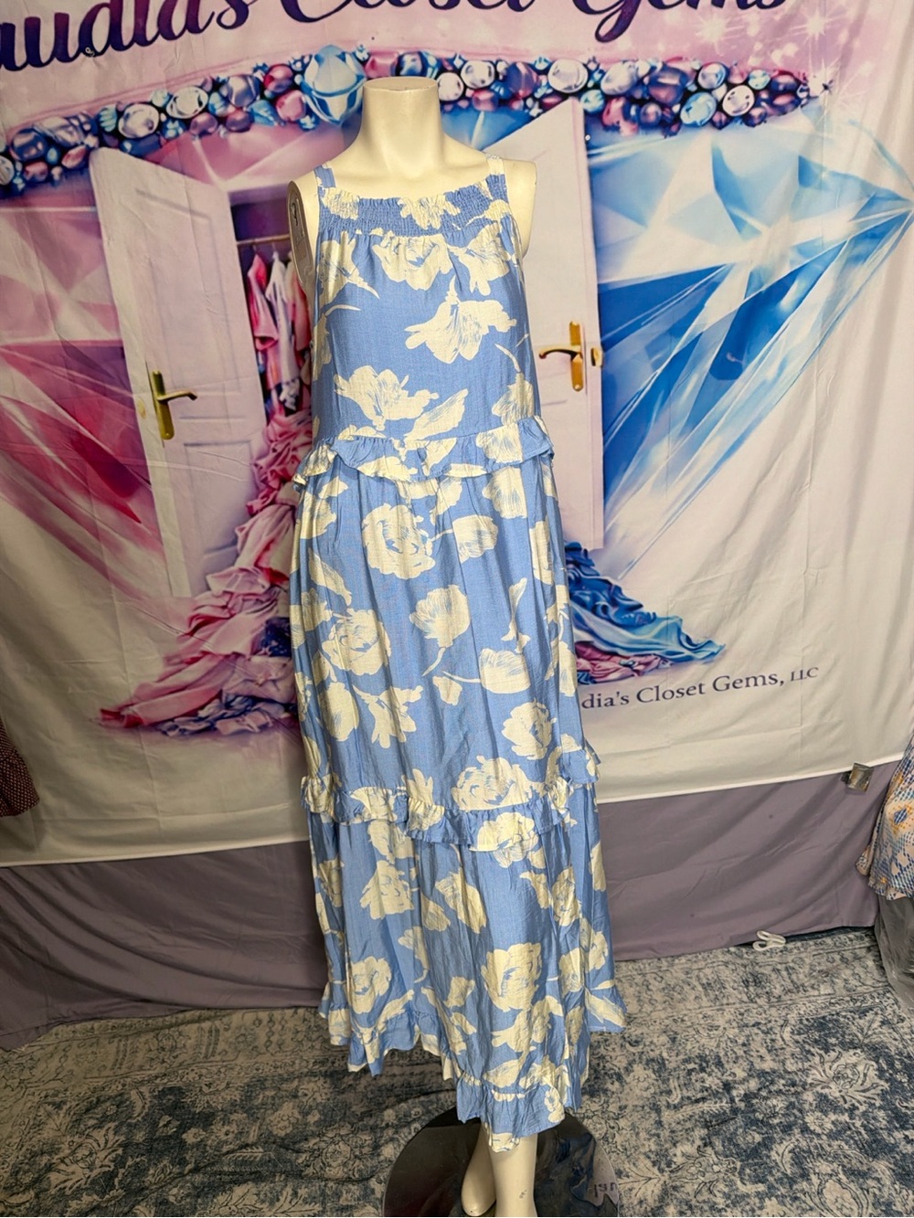 Blue & White Floral Tiered Maxi Dress with Smocked Bodice
